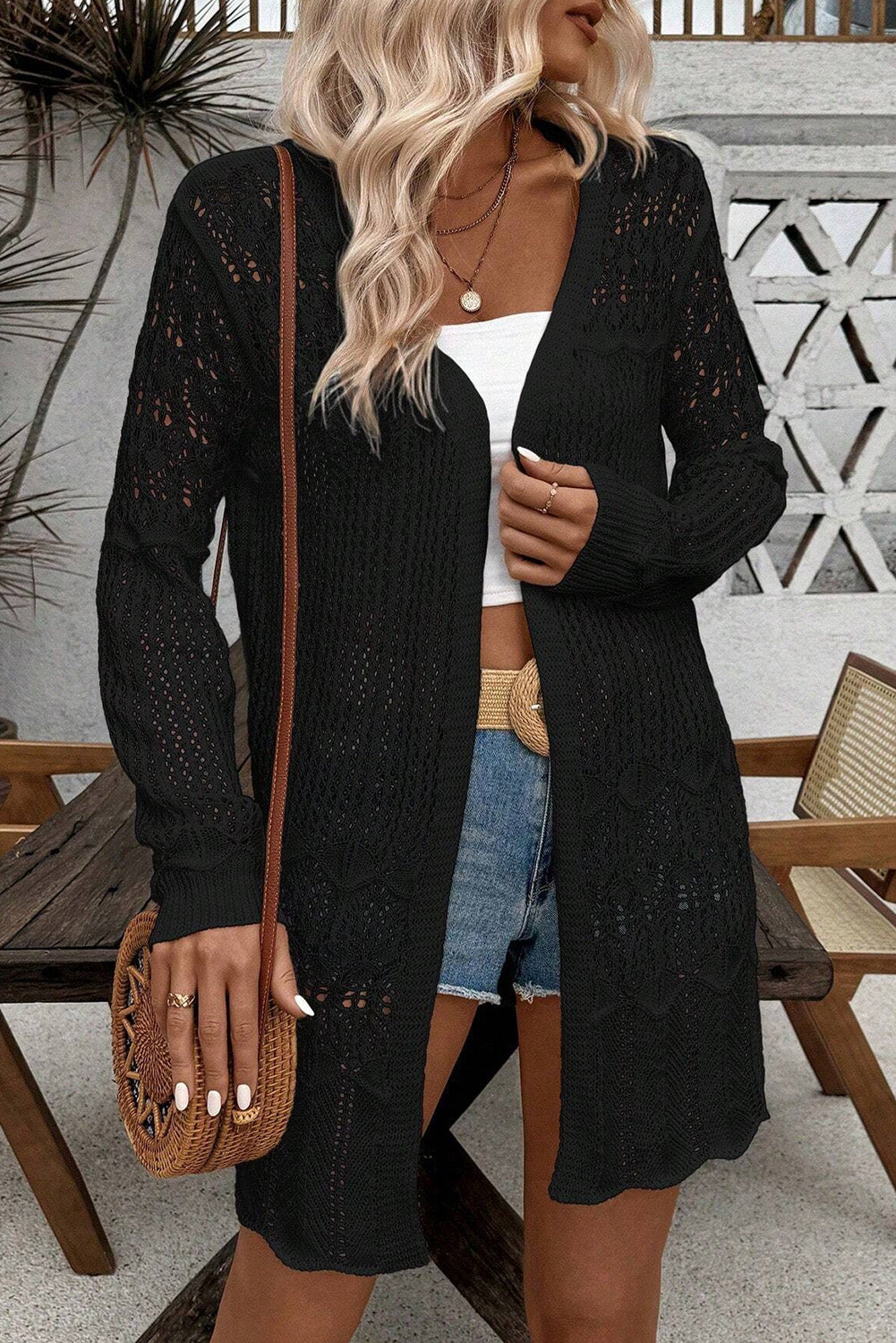 White Crochet Hollow Out Open Front Cardigan