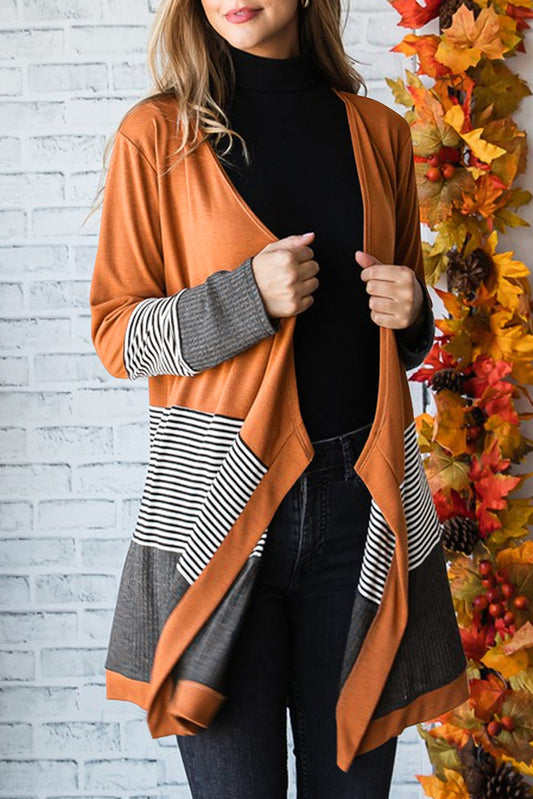 Orange Colourblock Striped Patchwork Open Cardigan