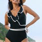 Black Color Contrast Ruffled Wrap V Neck Swimsuit