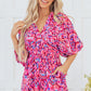 Pink Abstract Print Puff Sleeve V Neck High Waist Romper