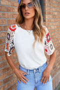 Turquoise Floral Crochet Short Sleeve Top - BB Fashion Outlet