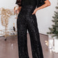 Black Sequin V Neck Flutter Sleeve Wide Leg Jumpsuit