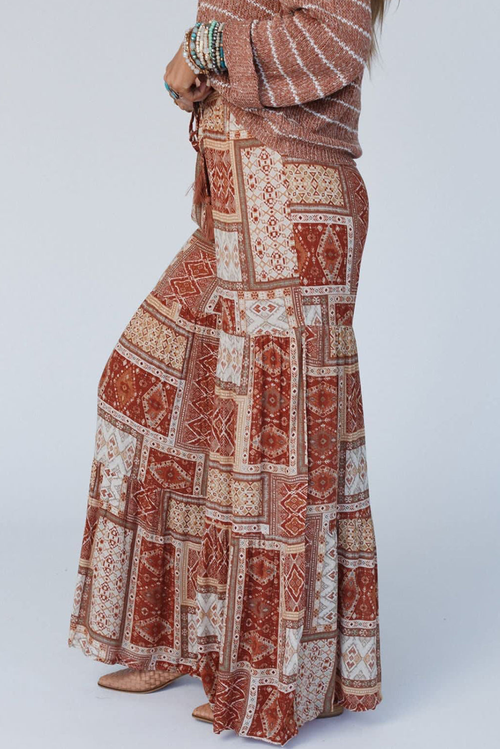 Brown Boho Aztec Print Tiered Palazzo Pants