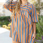 Khaki Stripe Contrast Striped Print 3/4 Sleeve Babydoll Plus Size Dress