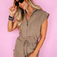 Dark Khaki Textured Short Sleeve Half Zip Drawstring Waist Romper