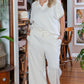 Beige Plus Size Textured Collared Top and Pants Set