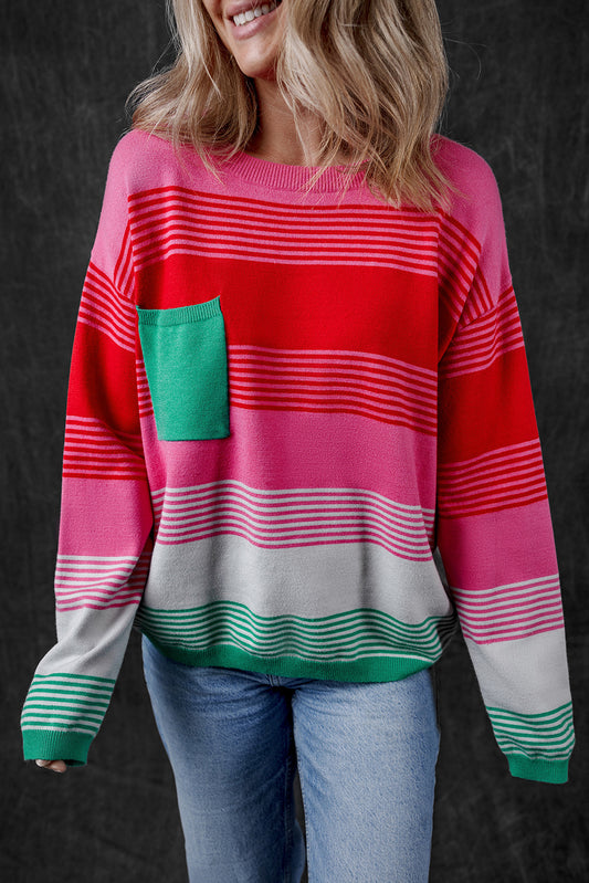 Rose Striped Knit Patch Pocket Drop Shoulder Sweater