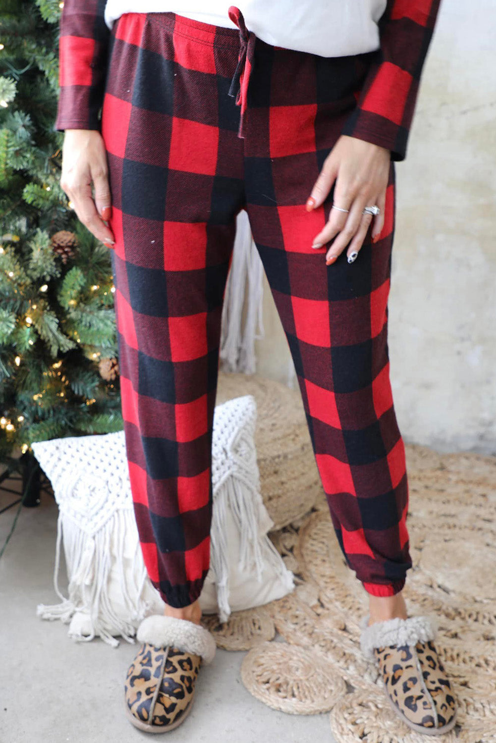 Fiery Red Plaid Raglan Sleeves Top and Drawstring Trousers Lounge Set