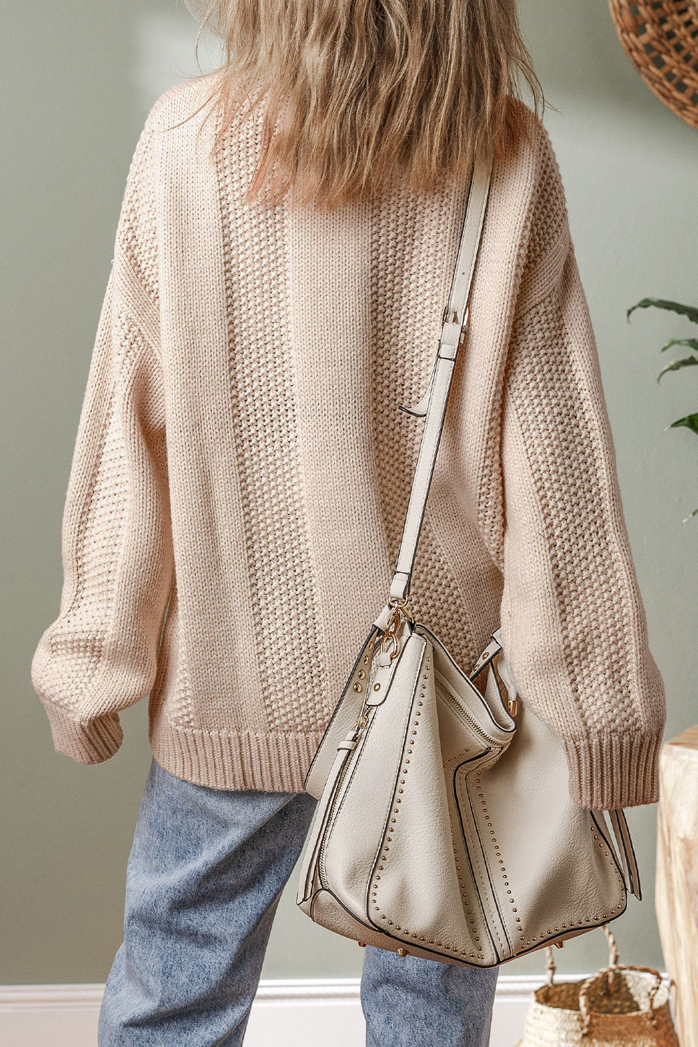 Pale Khaki Solid Colour Cable Knit Ribbed Loose Sweater