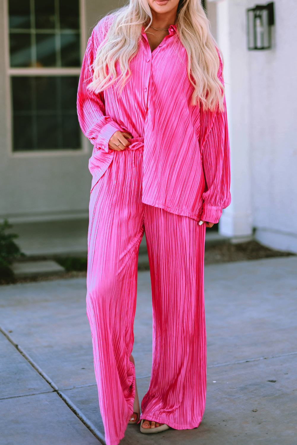 Rose Pleated Long Sleeve Shirt and Wide-Leg Trousers Set