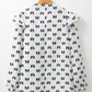 White Bow Knot Print Piping Trim Ruffled Crew Neck Blouse