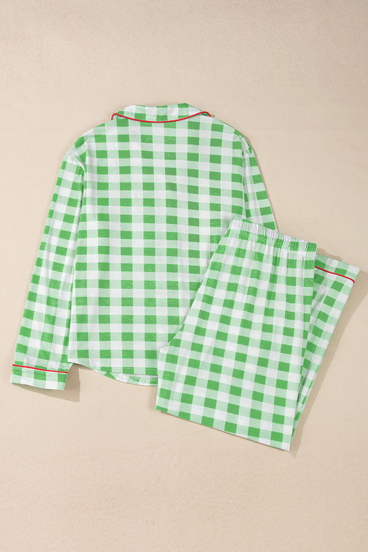 Green Plaid Print Contrast Trim Long Sleeve Plus Size Pyjamas Set