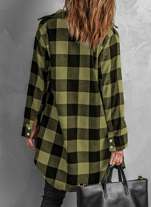 Black Turn-down Collar Plaid Shirt Coat