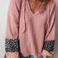 Dusty Pink Floral Patchwork Textured Knit Drawstring V Neck Blouse