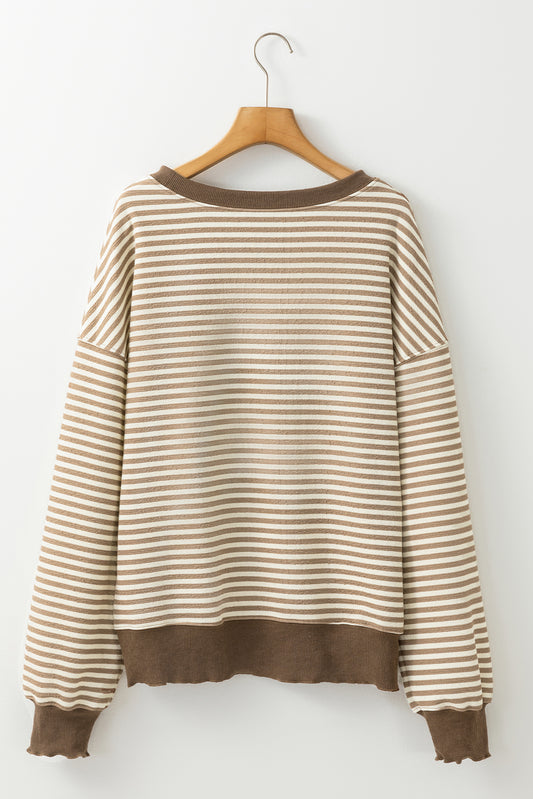 Brown Stripe Loose Drop Shoulder Long Sleeve Top