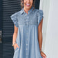 Beau Blue Flutter Sleeve Shirred Detail Button Up Denim Mini Dress