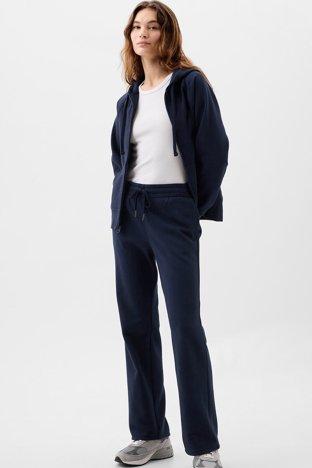 Navy Blue Solid Colour Drawstring Waist Casual Straight Trousers