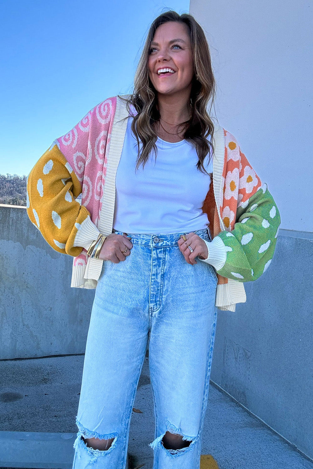 Orange Flower & Dotted Mixed Print Colourblock Open Front Cardigan