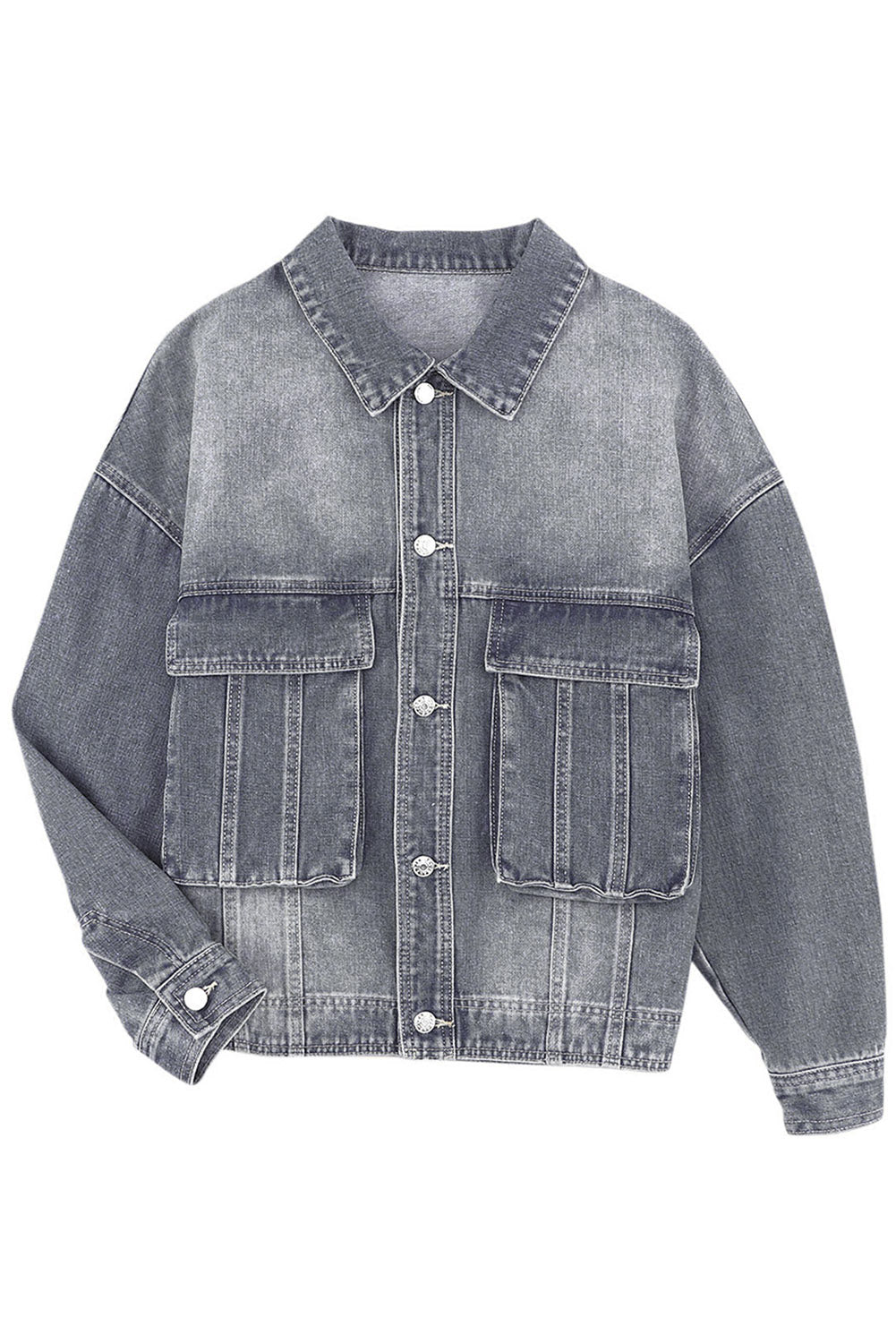 Grey Chest Pockets Drop Shoulder Loose Denim Jacket