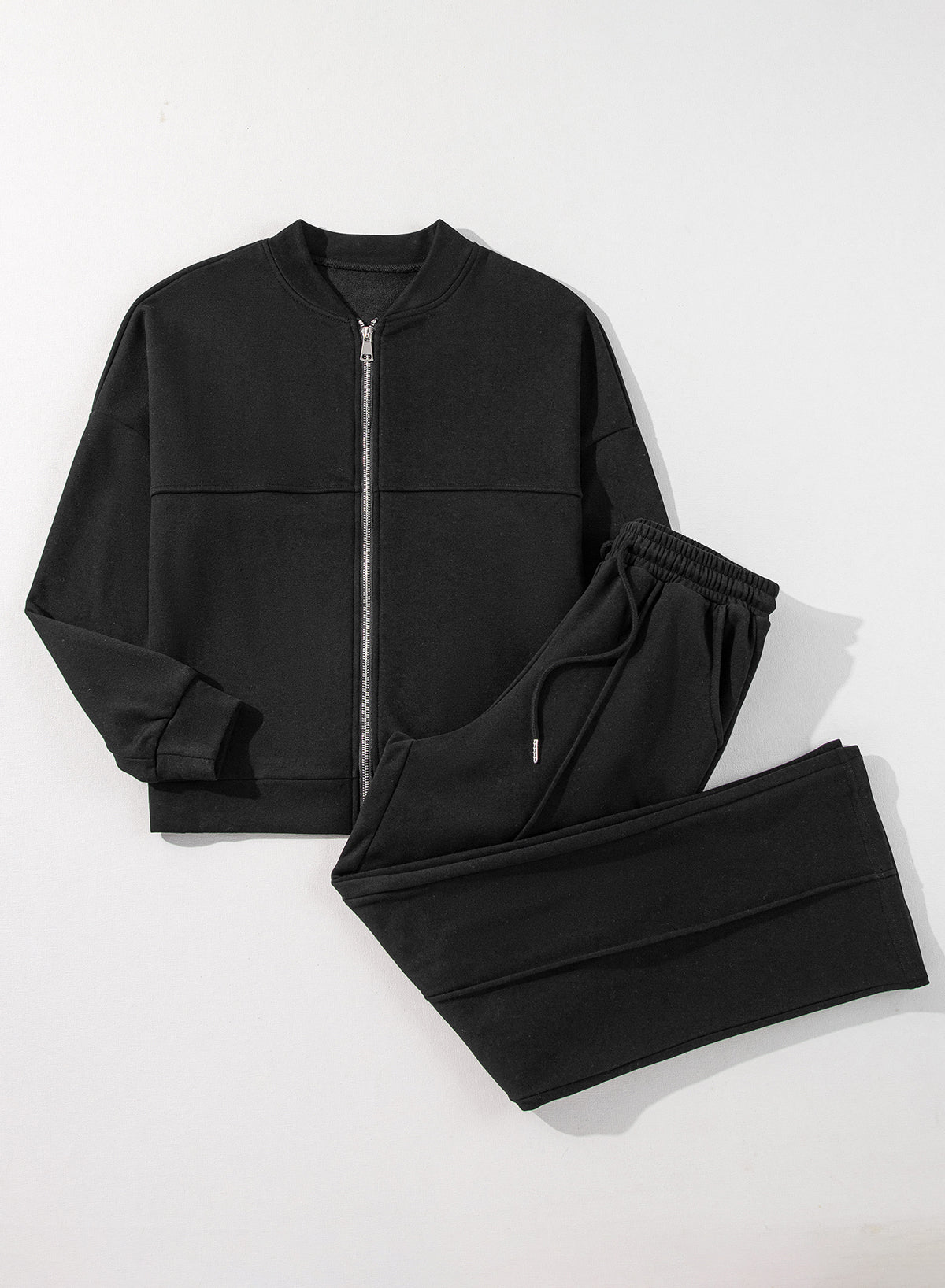 Black Solid Seamed Zipper Jacket and Drawstring Waist Trousers Set