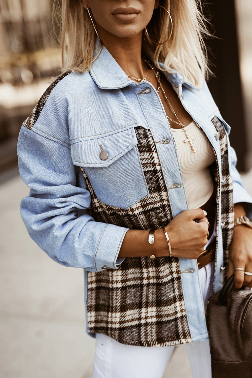 Black Plaid Patchwork Raw Hem Denim Jacket