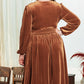 Camel Surplice V Neck Balloon Sleeve Velvet Dress