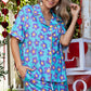 Sky Blue Cute Flower Print Contrast Trim Plus Size Short PJ Set