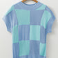 Light Blue Checkered Color Block Crew Neck Short Sleeve Sweater