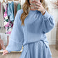 Sky Blue Corded Lantern Sleeve Top High Waist Ruffled Mini Skirt Set