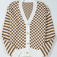 Brown Checkered Striped Patched Buttoned V Neck Cardigan