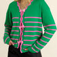 Green Stripe Ribbon Cute Bow Detail Sweater Knit Cardigan