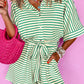 Green Stripe Textured Short Sleeve Collared Buttoned Waist Tie Romper