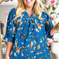 Blue Floral Notched V Neck Half Sleeve Plus Size Blouse