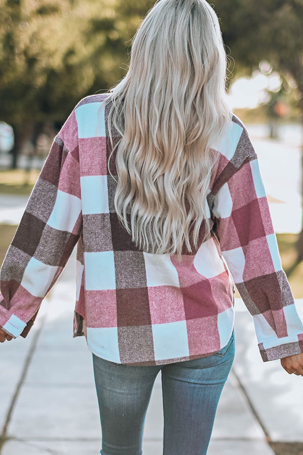 Plaid Colour Block Buttoned Long Sleeve Jacket with Pocket