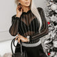 Black Rhinestone Decor Striped Mesh Long Sleeve Bodysuit