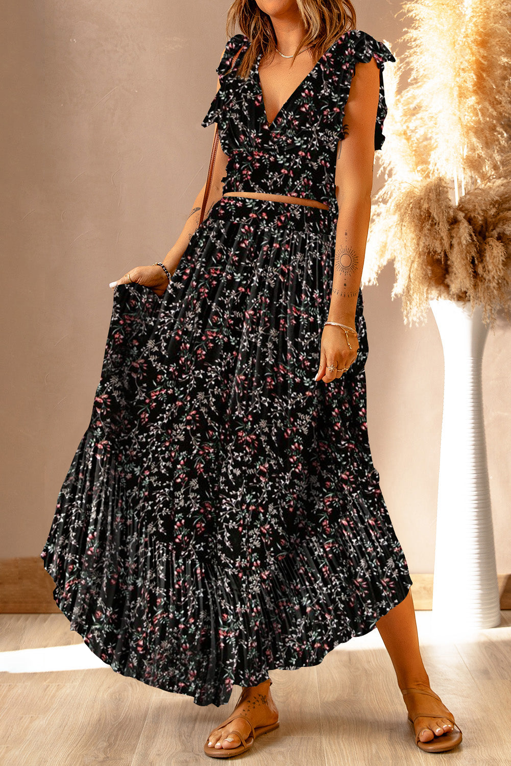 Multicolor Floral Ruffled Crop Top and Maxi Skirt Set