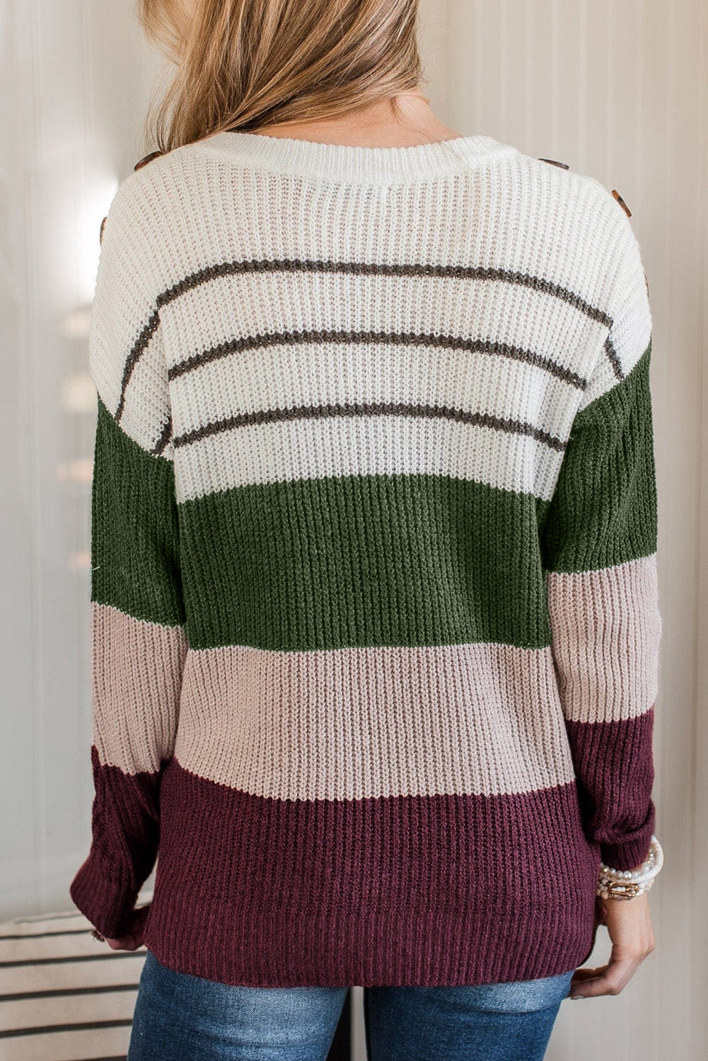 Green Colour Block Striped Buttoned Shoulder Split Sweater