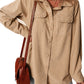 Light French Beige Solid Frilled Flap Pocket Button Up Corduroy Shacket