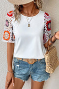 Turquoise Floral Crochet Short Sleeve Top - BB Fashion Outlet