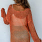 Orange Open Knit Crochet Bell Sleeve Tunic Sweater