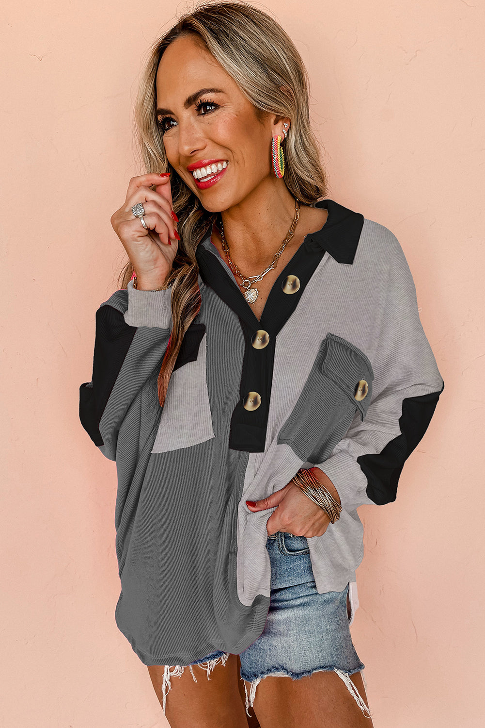 Grey Colourblock Ribbed Collared Oversized Sweatshirt