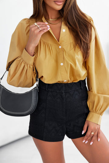 Yellow Puff Sleeve Pleated Loose Shirt