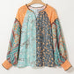 Green Floral Patchwork Lantern Sleeve Buttoned V Neck Plus Size Blouse