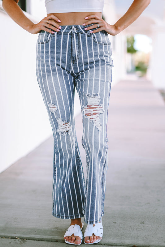 Sky Blue Vertical Striped Ripped Flare Jeans