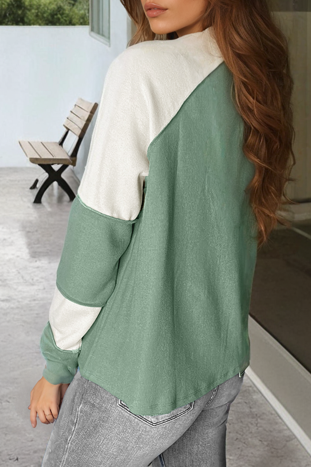 Mint Green Ribbed Colourblock Patchwork Raglan Long Sleeve Top