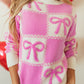 Pink Bow Knot Two Tone Checkered Crew Neck Sweater