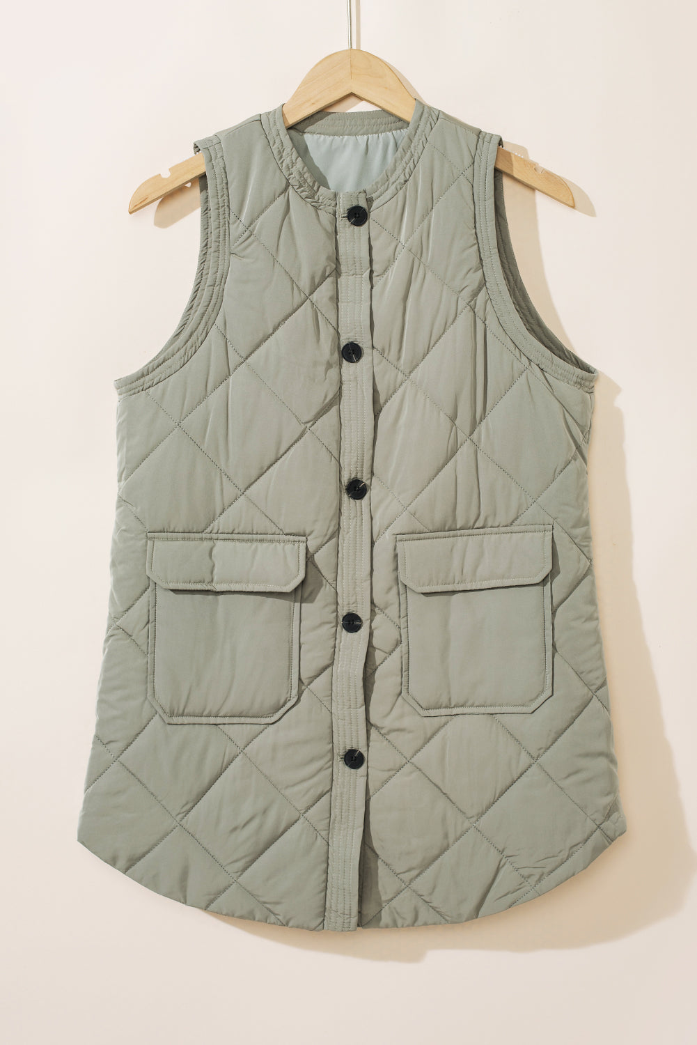 Grass Green Quilted Long Sleeveless Coat with Pockets