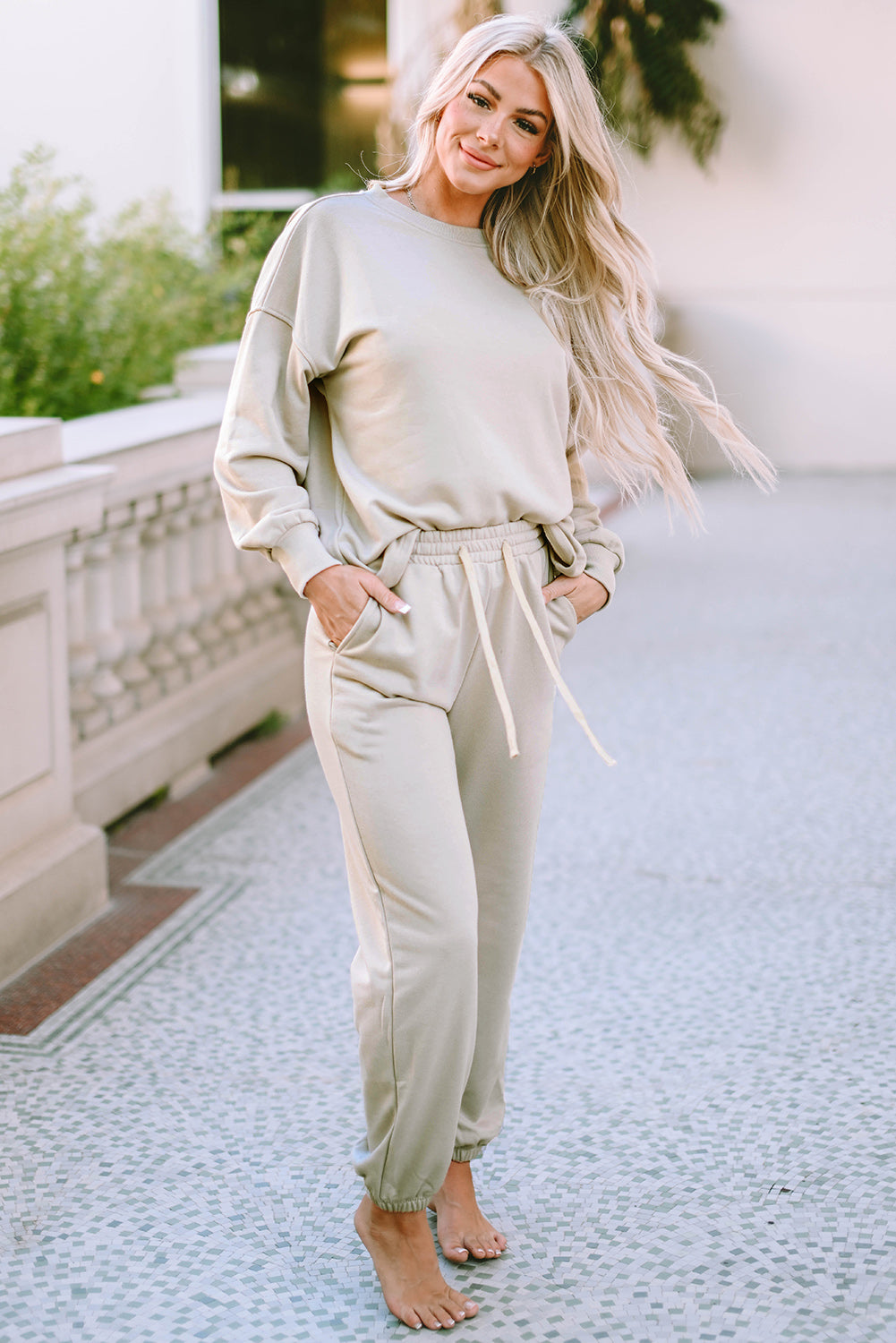 Beige Long Sleeve Top and Drawstring Trousers Lounge Outfit