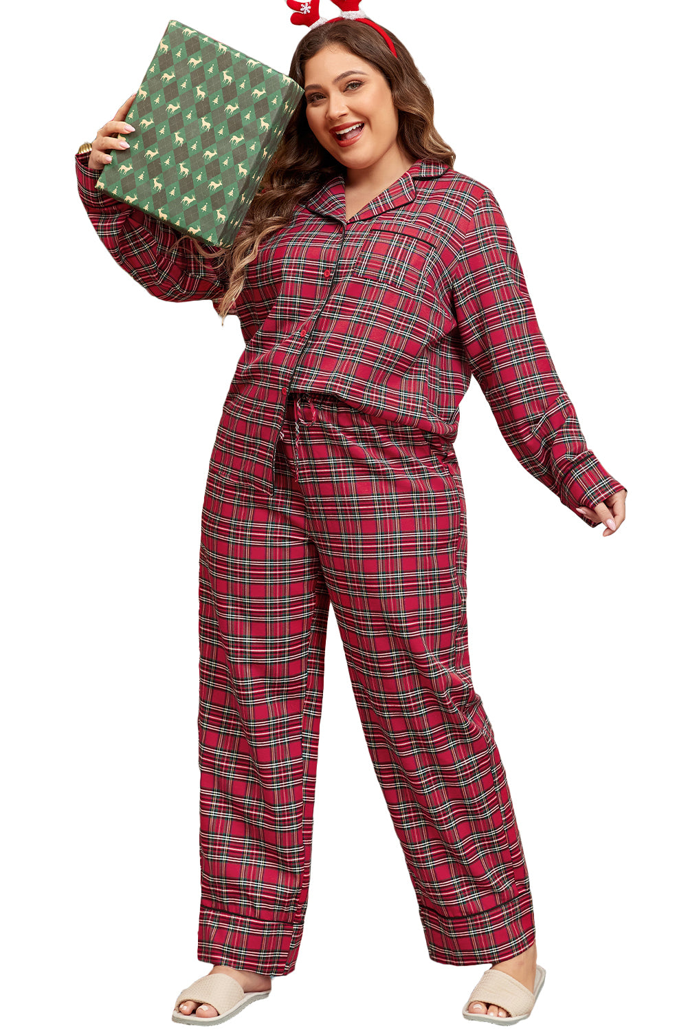 Red Plaid Printed Shirt and Trousers Plus Size Lounge Set