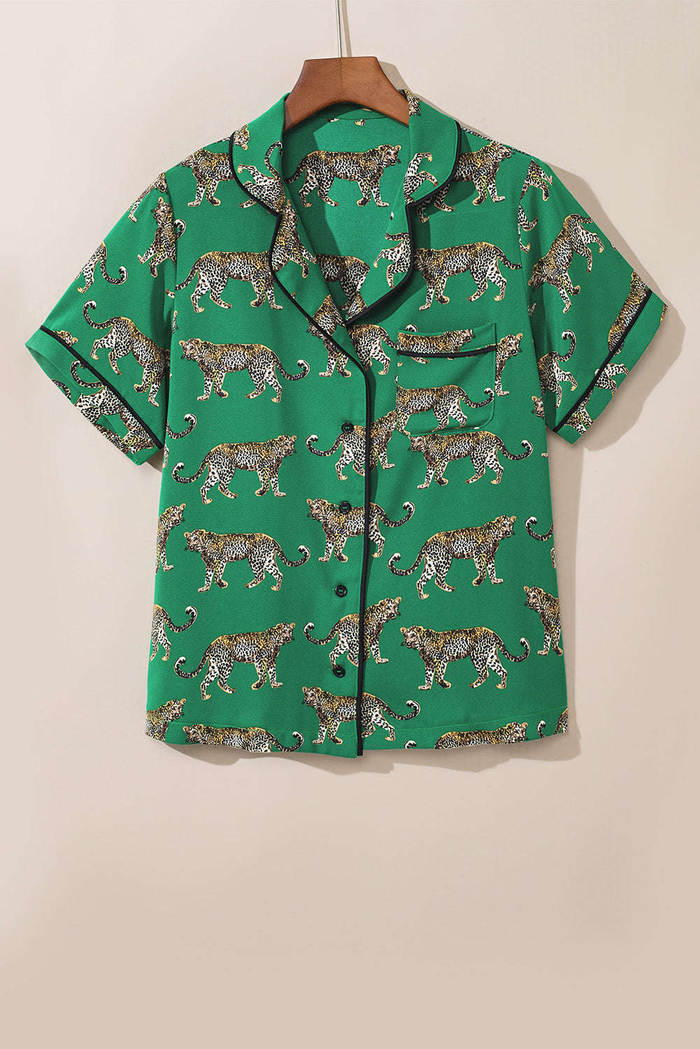 Green Cheetah Print Short Sleeve Shirt and Trousers Pyjamas Set